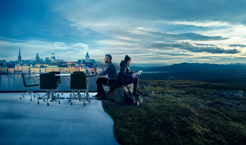 Tele2 Speed campaign: an office set in an open mountain landscape